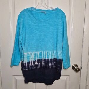 Fresh Produce Tie Dye Long Sleeve Medium Top Crew Neck Casual Turquoise Blue